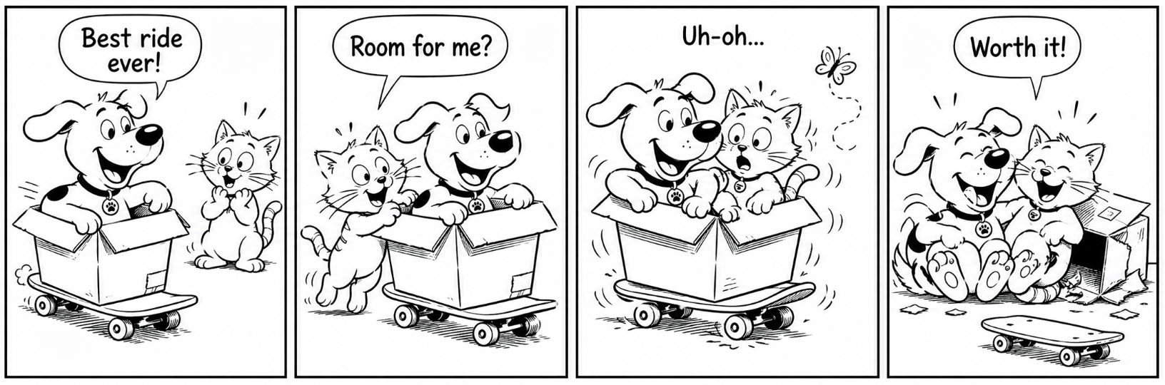 A black-and-white four-panel comic shows a cheerful dog riding in a cardboard box on a skateboard while a cat watches, asks to join, rides along, and then both tumble out and laugh together.