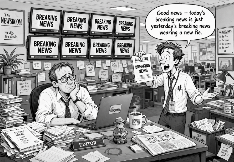Black-and-white one-panel comic showing a tired newsroom editor looking at identical breaking news screens while a reporter presents another similar bulletin.
