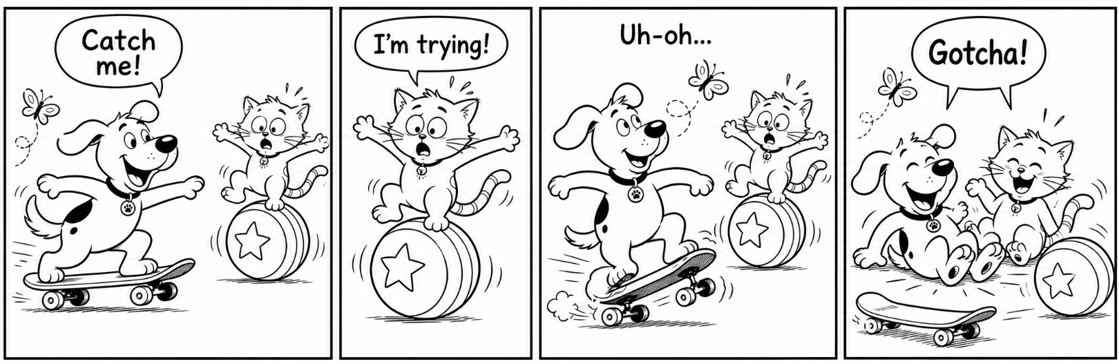 Happy dog on a skateboard asking a cat to catch him.