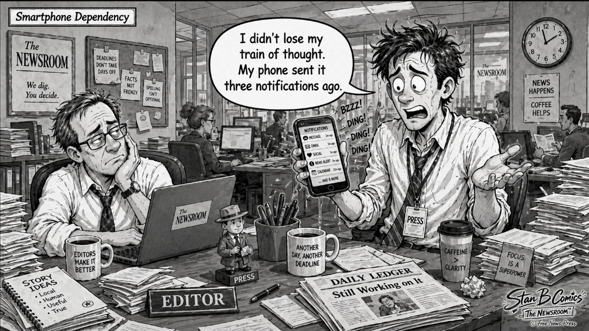 Black-and-white one-panel comic showing a person sits in a chair looking blankly at their phone while thought bubbles are pushed away by pop-up notification icons.