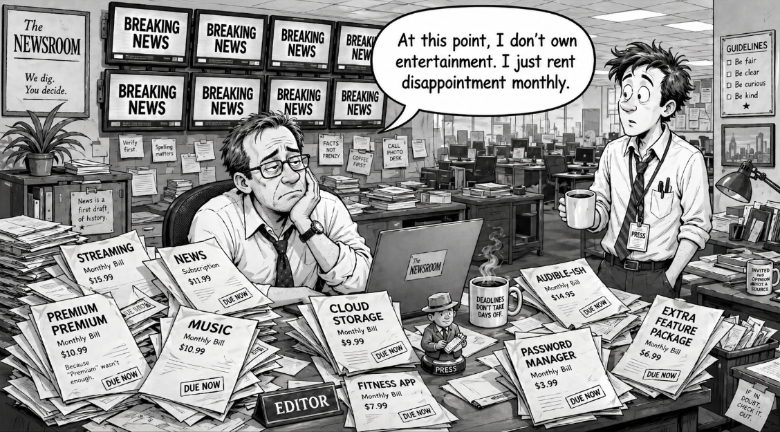 Black-and-white comic showing a person surrounded by subscription bills at a kitchen table.
