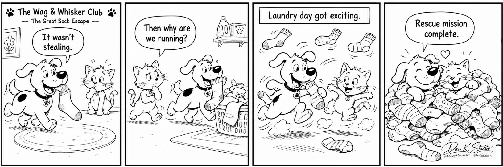 Black-and-white four-panel comic showing a dog and cat turning a stolen sock into a playful chase and nap.