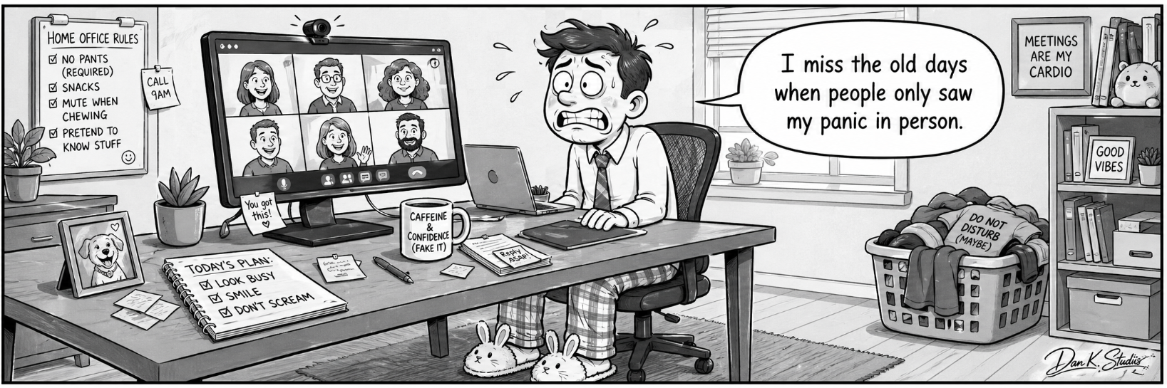 Black-and-white one-panel comic showing a work-from-home employee sits at a desk in nice clothes on top and pajama pants below, frozen in terror during a video call.