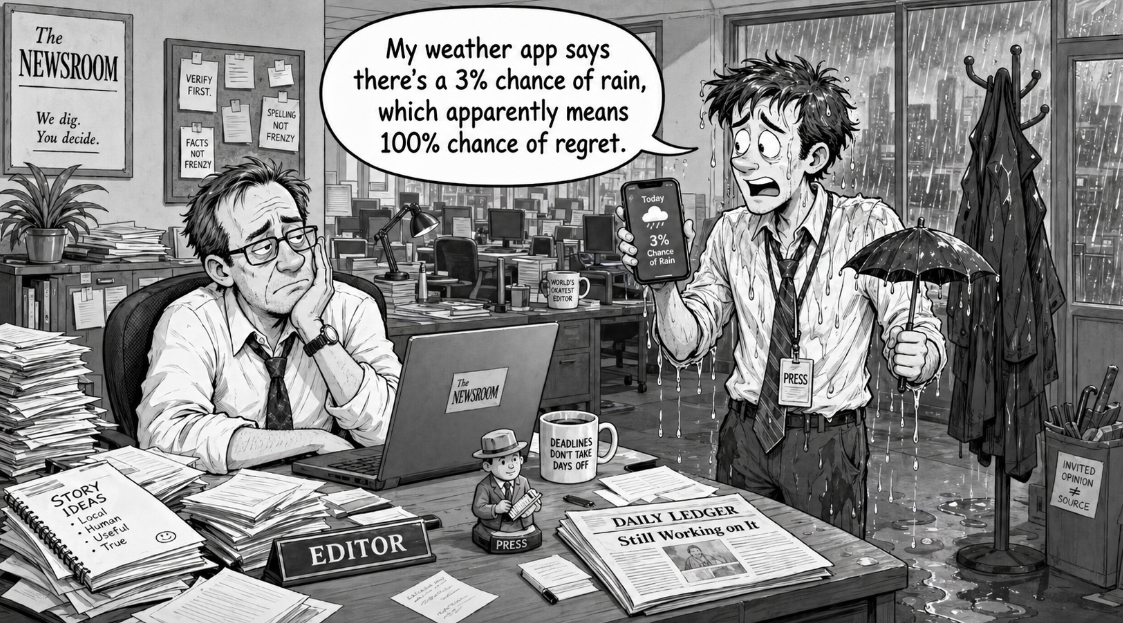 Black-and-white comic showing a soaked person checking a weather app during unexpected rain.