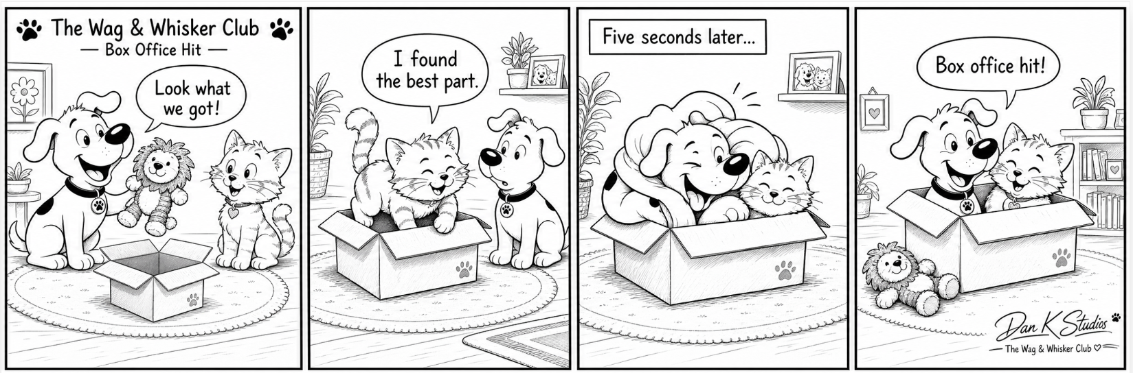 Black-and-white comic showing a dog and cat choosing a cardboard box over a new toy.