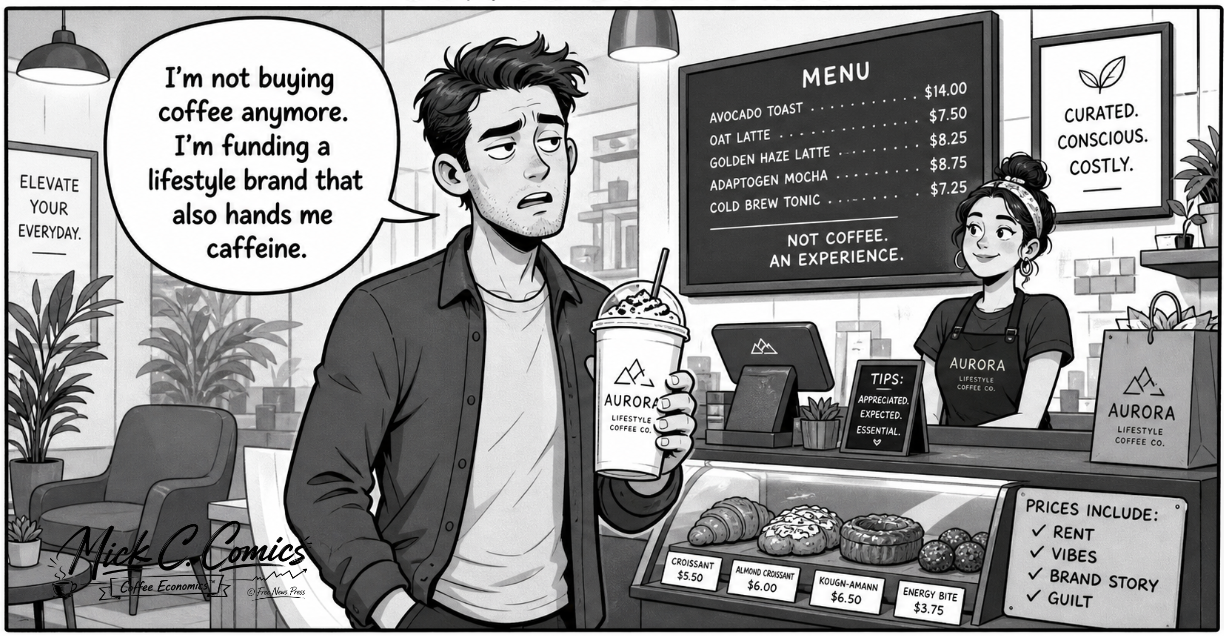 Black-and-white one-panel comic showing a customer stands at a trendy café counter reading a menu where a tiny coffee costs an absurd amount.