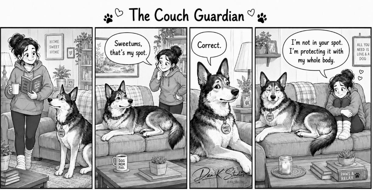 Black-and-white four-panel comic showing Sweetums taking over the couch and claiming she is guarding the seat.