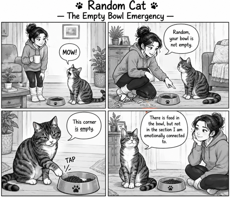 Black-and-white four-panel comic showing Buddy treating an empty food bowl like an emergency.