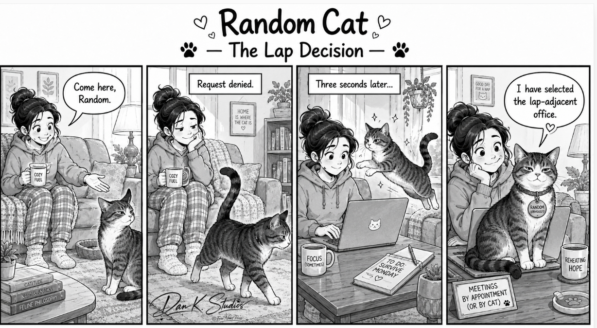 A black-and-white four-panel comic showing Random the cat ignoring an invitation to sit on the woman’s lap, then taking over her laptop moments later.