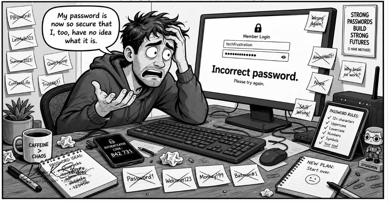Black-and-white one-panel comic showing a confused person sits at a computer surrounded by sticky notes, all crossed out, while the login screen flashes “Incorrect password.”