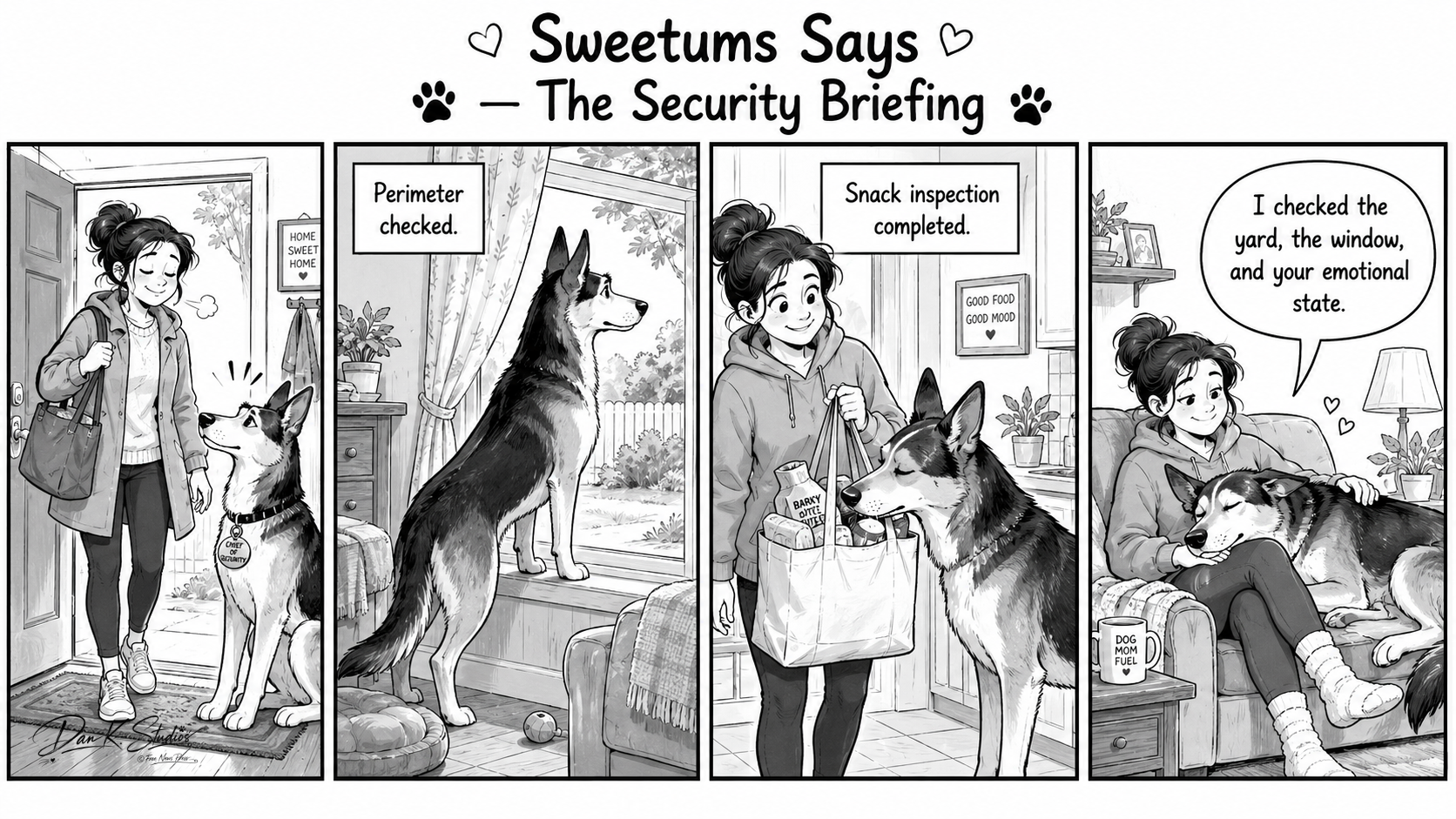Black-and-white four-panel comic showing a young woman coming home while her large shepherd-collie mix dog Sweetums proudly reports on security and offers emotional support.