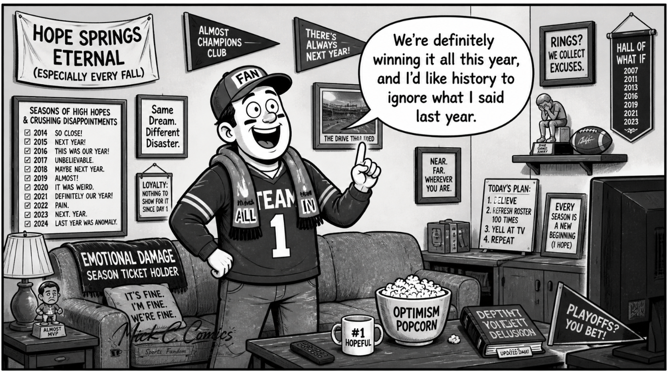 Black-and-white one-panel comic showing a wildly optimistic sports fan wearing team gear stands in a living room full of banners from past disappointing seasons.