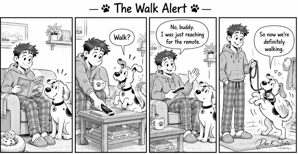 Black-and-white four-panel comic showing a young man at home with his excited dog, who thinks every movement means it is time for a walk.