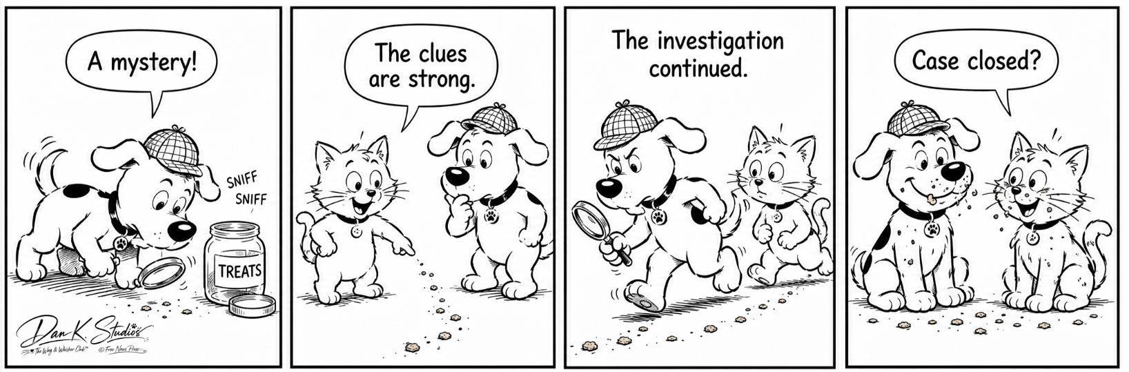 Black-and-white four-panel comic showing a dog detective and cat following treat crumbs that lead back to themselves.