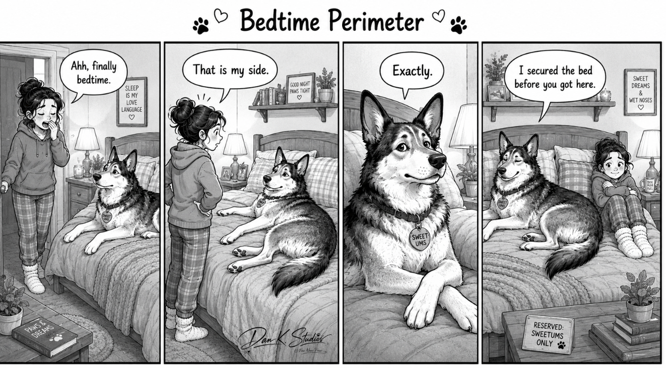 Black-and-white four-panel comic showing Sweetums taking over the bed before her owner can lie down.