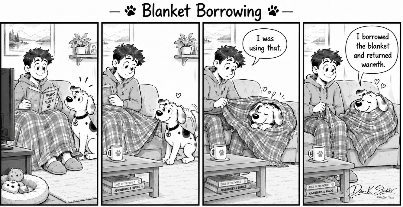 Black-and-white four-panel comic showing Buddy taking most of his owner’s blanket on the couch.