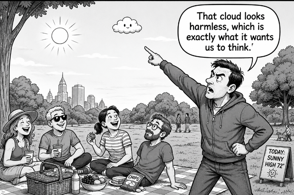 Black-and-white one-panel comic showing a suspicious person warning picnic guests about a tiny cloud.