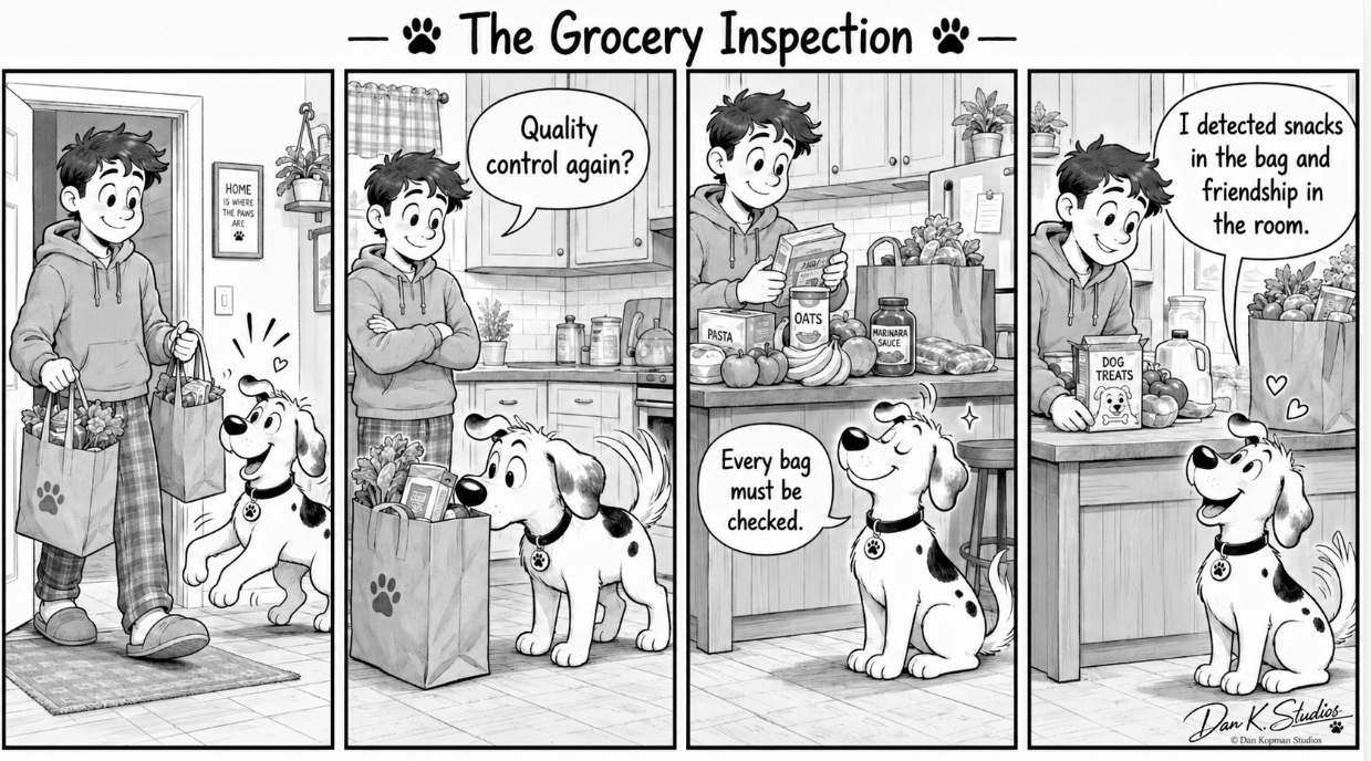 Black-and-white four-panel comic showing Buddy inspecting grocery bags while his owner unloads them.