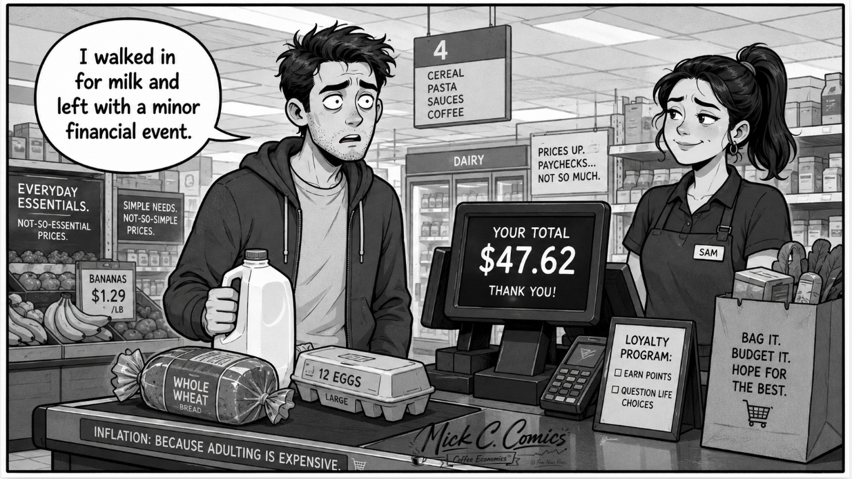 Black-and-white one-panel comic showing a shopper stands at checkout, stunned by the total on the register, while holding only a few basic items.