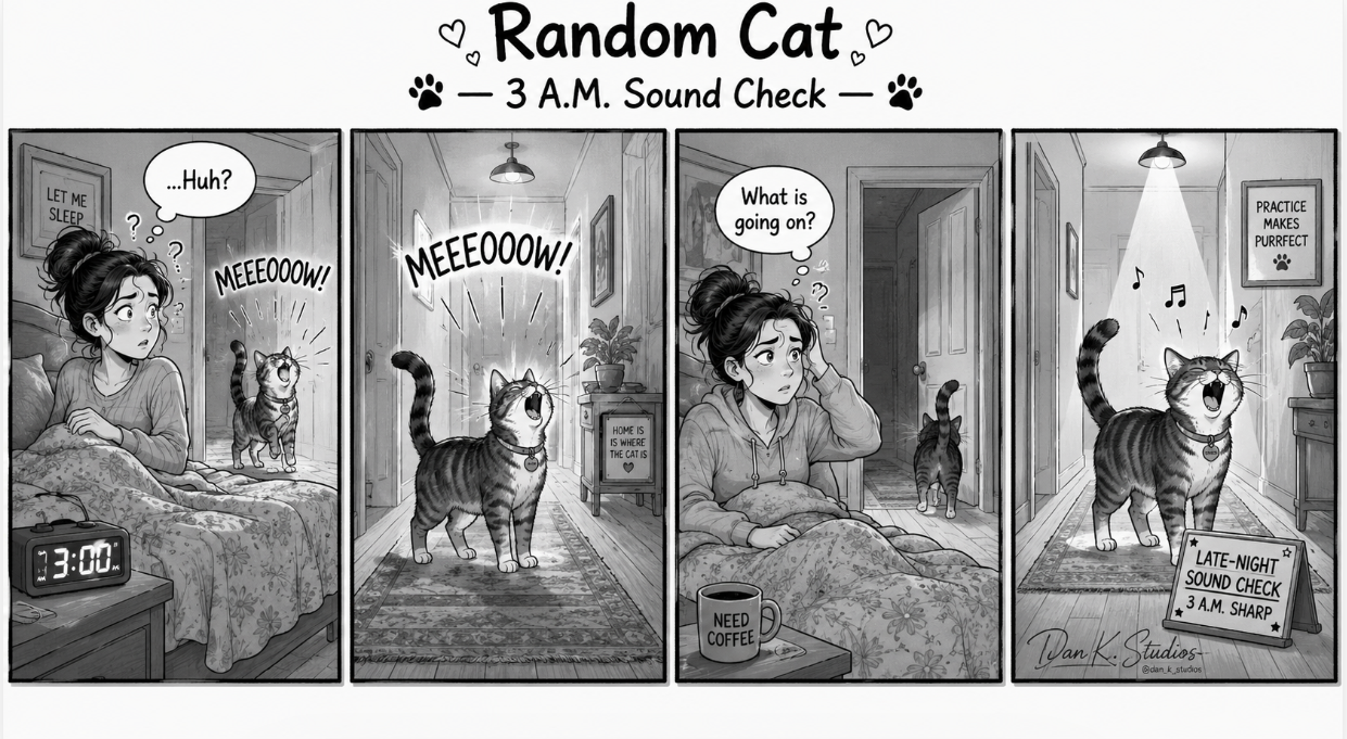 Random the cat loudly meows in the hallway at 3 A.M. while the woman wakes up confused.