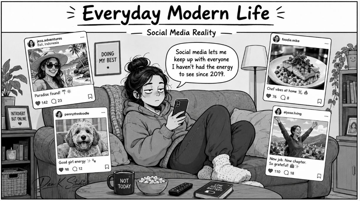 Black-and-white one-panel comic showing a person scrolls a phone on the couch while floating boxes show friends’ updates, vacations, pets, and meals.