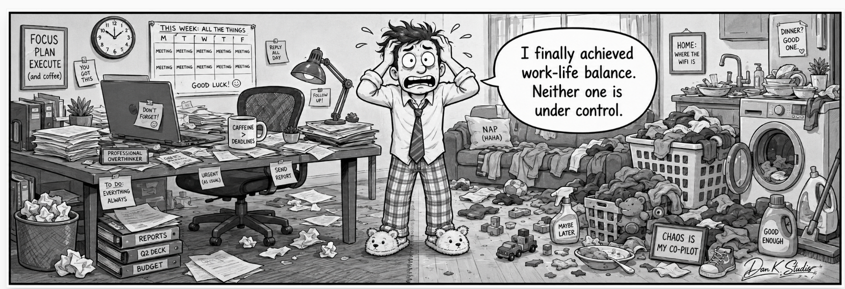 Black-and-white one-panel comic showing a person stands in the middle of a room split visually into office clutter on one side and household chaos on the other.