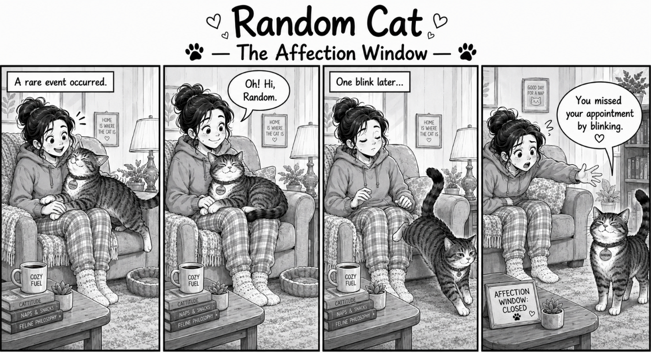Random the cat briefly asks for affection, then immediately moves away when the woman reaches down to pet her.