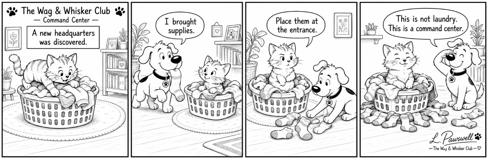 Black-and-white four-panel comic showing a cat using a laundry basket as a command center while a dog brings socks.