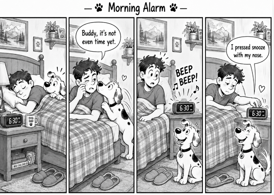 Black-and-white four-panel comic showing Buddy waking his owner before the alarm clock.