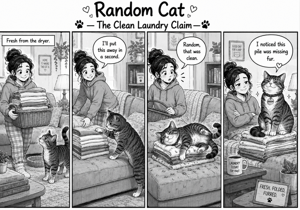 Random the cat curls up inside a basket of clean laundry while the woman holds a shirt now covered in cat fur.