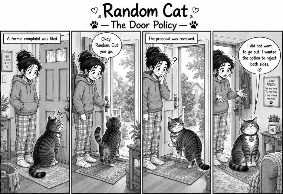 Random the cat demands that the door be opened, then refuses to go through it.