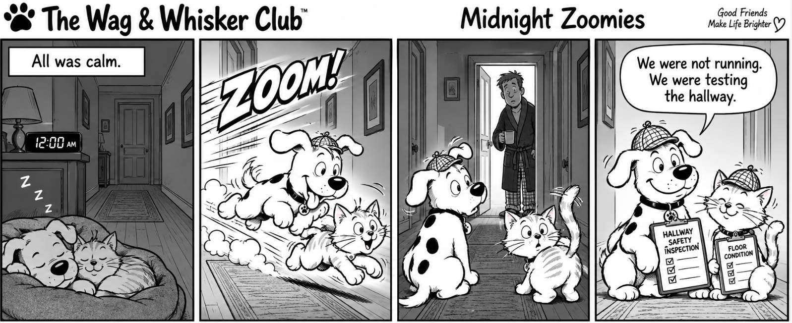 Black-and-white four-panel comic showing a dog and cat racing through a hallway at midnight and then pretending it was a test.
