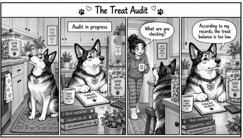 Black-and-white four-panel comic showing Sweetums conducting a serious audit of the treat jar.