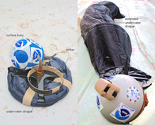 From the source:
"A drifter neatly compressed for deployment (left) and with the nylon drogue fully extended (right), as it will be in the water once the cardboard wraps dissolve. Photos courtesy NOAA Atlantic Oceanographic and Meteorological Laboratory."