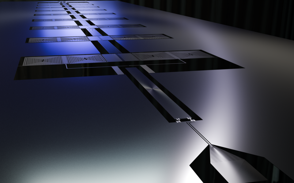Depiction of a superconducting metamaterial waveguide quantum chip.   Made with Blender, using the Cycles render engine and an Nvidia RTX 4070Ti Super GPU.  Downloadable under a Creative Commons license.