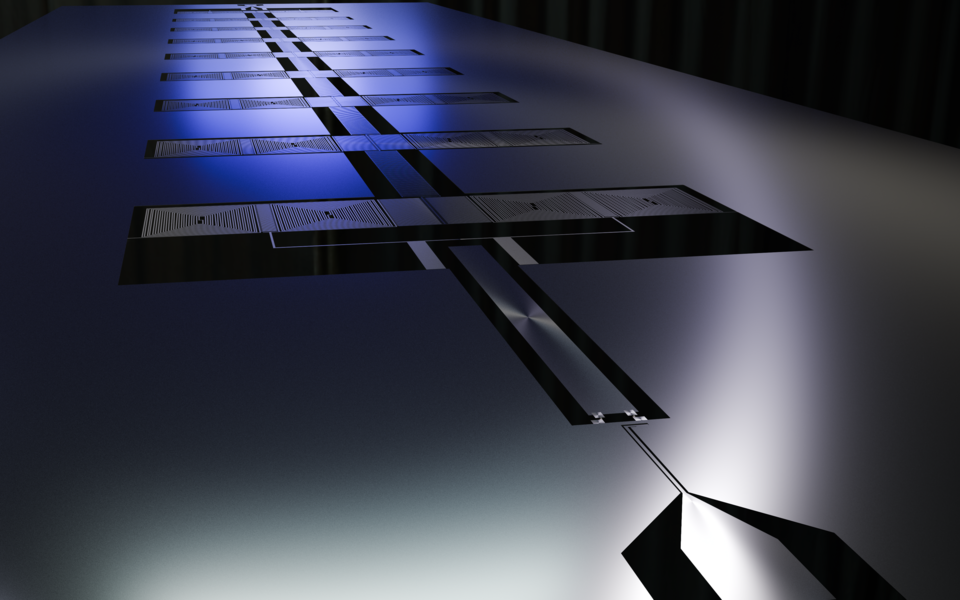 Depiction of a superconducting metamaterial waveguide quantum chip. Made with Blender, using the Cycles render engine and an Nvidia RTX 4070Ti Super GPU. Downloadable under a Creative Commons license.