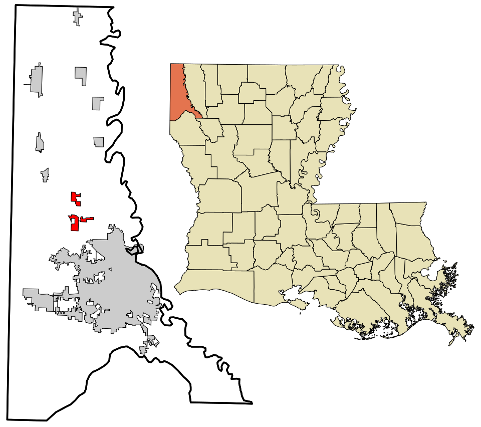 Map showing the location of this town within Caddo Parish, Louisiana. Data source: 2010 U.S. Census