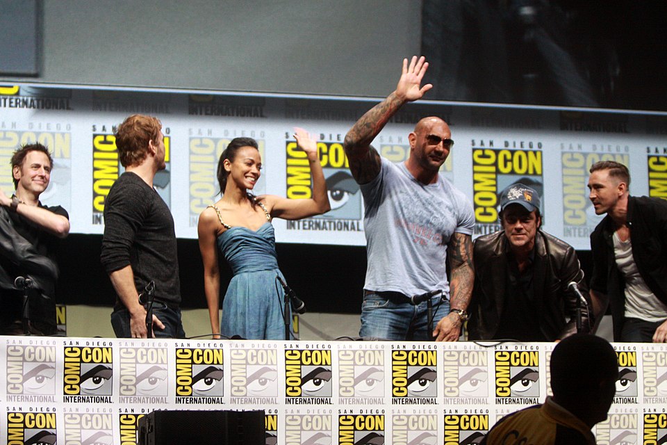 James Gunn, Chris Pratt, Zoe Saldana, Dave Bautista, Benicio Del Toro and Lee Pace speaking at the 2013 San Diego Comic Con International, for "Guardians of the Galaxy", at the San Diego Convention Center in San Diego, California.
Please attribute to Gage Skidmore if used elsewhere.

Please attribut