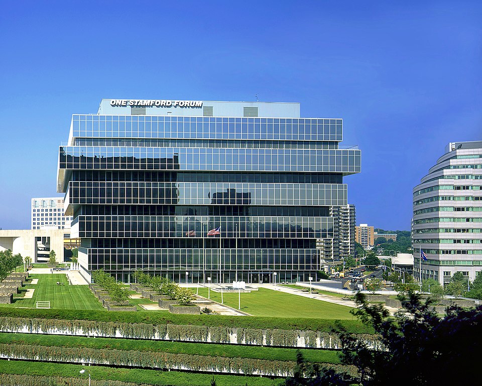 Exterior shot of One Stamford Forum in Stamford, Connecticut. The building, often described as an inverted pyramid, was designed by Victor Bisharat and was completed in 1973 as the world headquarters for GTE. The 485,000 square foot modernist building is currently the headquarters of Purdue Pharma a
