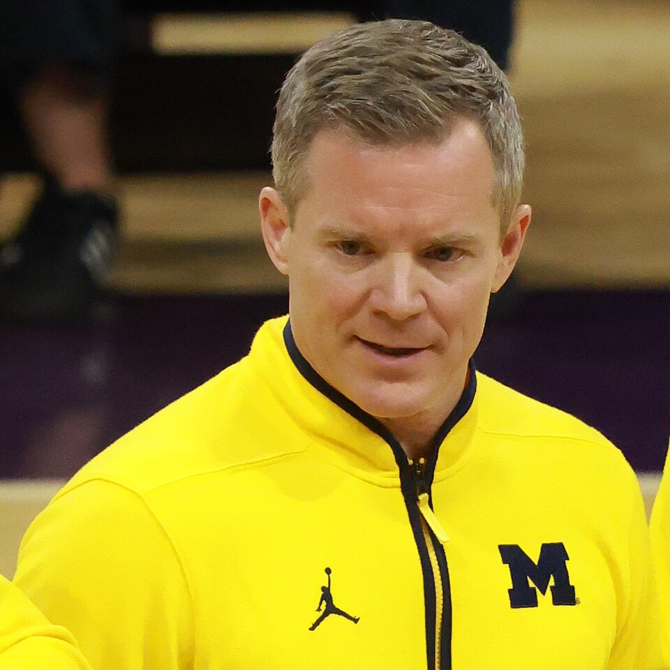 w:Dusty May during the February 11, 2026 game between the w:2025–26 Michigan Wolverines men's basketball team and the w:2025–26 Northwestern Wildcats men's basketball team at w:Welsh–Ryan Arena during a timeout