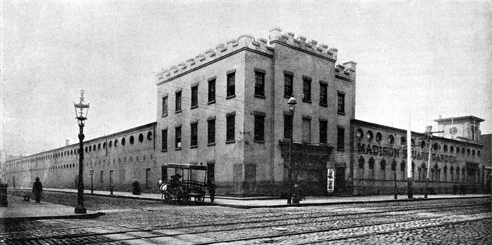 A photograph of the first Madison Square Garden (1879-1890), on Madison Avenue and 26th Street in Manhattan, New York City
