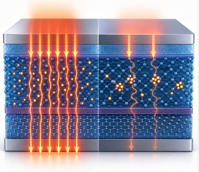 conceptual science illustration of programmable heat flow in a thermal memory material.