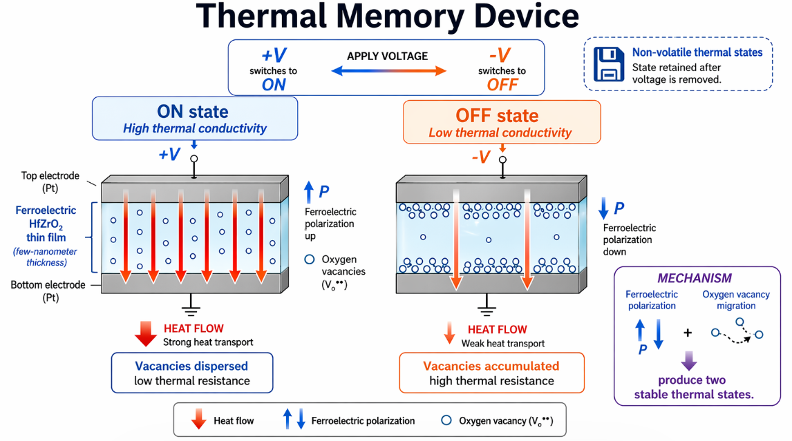 Artist’s rendition of a thermal memory device shown as a scientific-style diagram. The image compares two stable states of an ultra-thin ferroelectric hafnium-zirconium oxide film sandwiched between platinum electrodes.