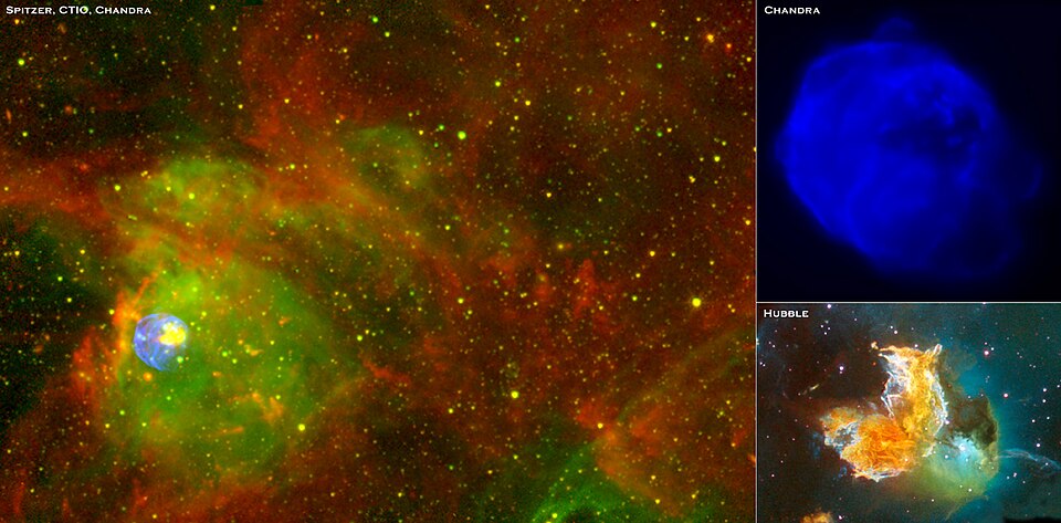 Chandra, Spitzer, CTIO &amp; Hubble Images of N63a This color composite combines Spitzer infrared, Chandra X-ray and ground-based H-alpha data in a wide-field view (left panel). The color assignments are: Chandra (all bands) (blue), CTIO ground-based H-alpha (green), Spitzer 4.5 micron (yellow) and
