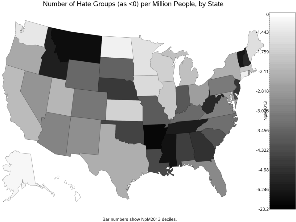 This is the number of hate groups, by state, on the Southern Poverty Law Center's 2013 list, normalized to US Census estimates for 2013.