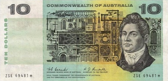 Australian 10 dollar note 1968, designed 1966, Size: 155mm x 76mm Front (depicted): Francis Greenway, Back: Henry Lawson, Signed: Coombs &amp; Randall.