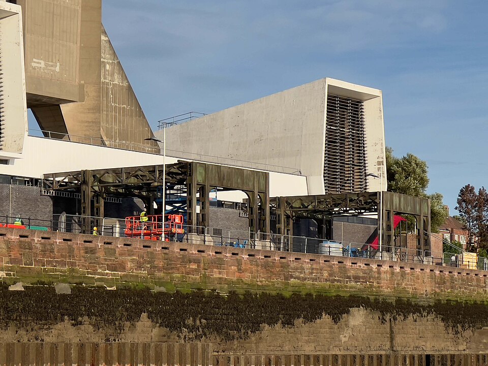 Kingsway Tunnel ventilation towers. Work underway on set for "Clayface" movie, creation of overhead railway that used to be in Liverpool.