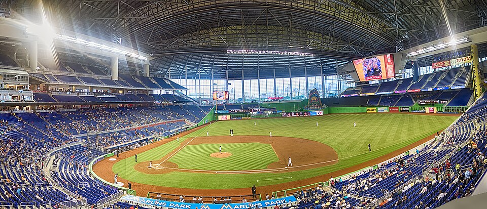 Stitched from two rows of photos.  Seem to have missed one corner.  View from front row of section 210 in the second level.  Roof was closed, tried to get the arch of it in the shot, as well as the view of downtown Miami in the windows in LF.  Punched up the color to match the bright look of the bal