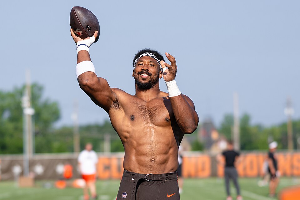 Cleveland Browns defensive end, Myles Garrett, at training camp on July 30, 2025.