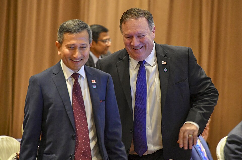 Singapore Foreign Minister Vivian Balakrishnan and US Secretary of State Michael R. Pompeo share a light-hearted moment at the ASEAN-US Ministerial Meeting, 3 August 2018, Singapore.